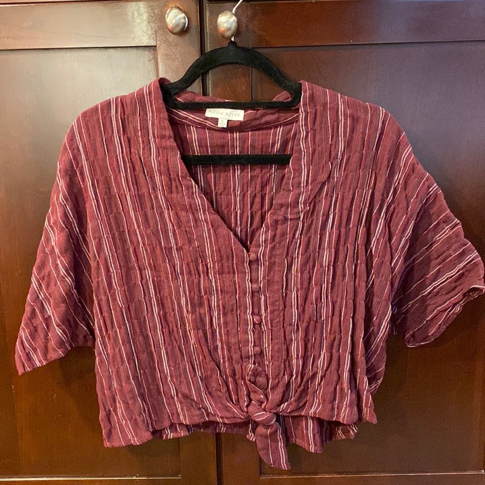 Moon River Tie Front Stripe Blouse